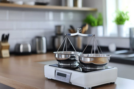 A digital scale is positioned on a kitchen counter, featuring two metal bowls used for measuring ingredients accurately.の写真素材