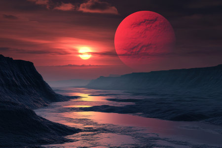 A stunning sunset casts vibrant colors over the river with a large red planet looming in the sky.の写真素材