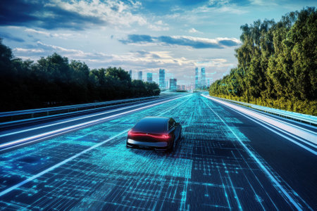 An electric vehicle travels along an illuminated digital road surrounded by a modern cityscape under a blue sky.の写真素材