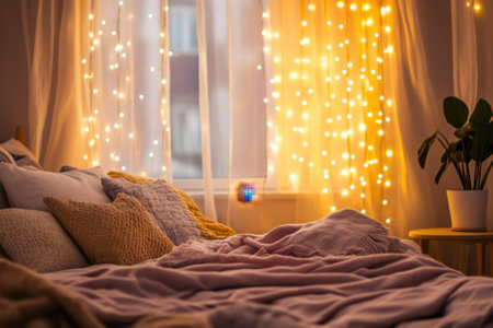 A beautifully arranged bedroom features a soft bed with cozy blankets and warm string lights near the window.の写真素材