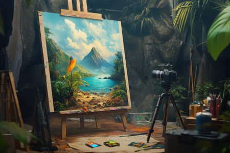 An artist works on a colorful landscape painting surrounded by greenery and creative tools in a vibrant studio.の写真素材