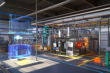 A high-tech industrial facility showcases machinery and digital displays highlighting operational efficiency.の写真素材