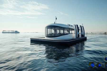 A sleek floating structure moves gently on tranquil water under a clear blue sky.の写真素材