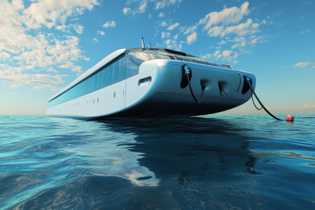 A sleek, modern boat floats calmly in tranquil waters, with clear blue skies and gentle clouds above.の写真素材