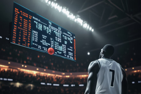 Player focuses intently as the scoreboard shows close game details, indicating high stakes and excitement.の写真素材