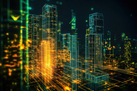 Bright neon lights illuminate a modern city skyline filled with towering skyscrapers and digital designs.の写真素材
