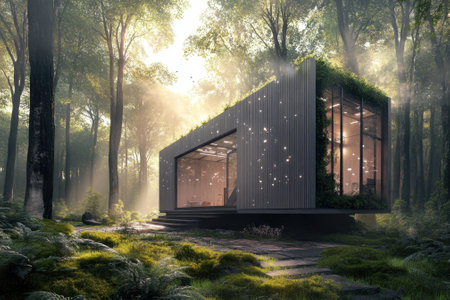 A sleek, modern structure sits harmoniously in a lush forest, illuminated by gentle sunlight filtering through trees.の写真素材