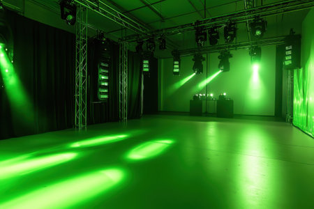 An event space features striking green lighting on the walls and floor, setting a lively atmosphere for activities.の写真素材