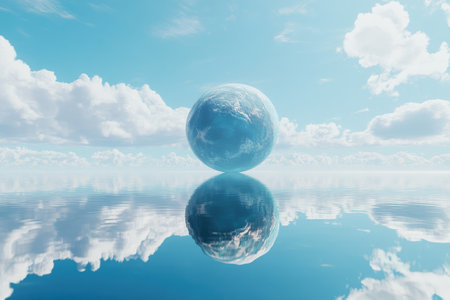 A globe hovers above serene water, creating a stunning reflection amidst a clear sky and white clouds.の写真素材
