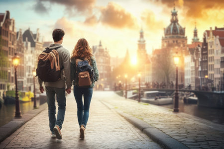 A couple enjoys a romantic stroll along a picturesque canal in Amsterdam as the sun sets, creating a warm glow.の写真素材