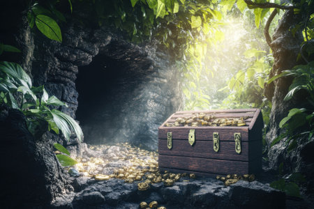 A wooden treasure chest overflowing with gold coins rests in a cave surrounded by dense greenery and light.の写真素材
