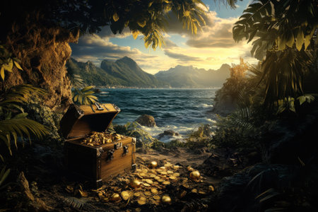 A wooden treasure chest rests on the shore, surrounded by gold coins and lush greenery as the sun sets.の写真素材