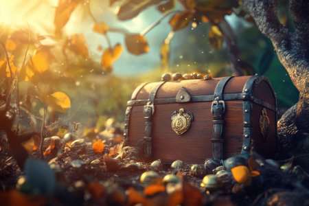 A wooden treasure chest sits nestled under a tree, surrounded by vibrant autumn leaves and soft sunlight.の写真素材