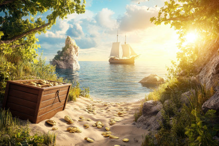 A wooden treasure chest overflowing with gold coins sits on a sandy beach at sunset, with a ship sailing nearby.の写真素材