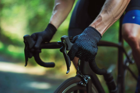 Close-up of a cyclist's hands gripping the handlebars, surrounded by lush green trees in bright daylight.の写真素材