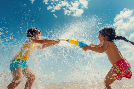 Two children playfully engage in a water gun battle at the beach under a bright, blue sky.の写真素材