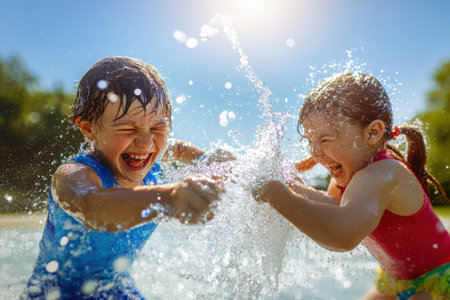 Two joyful kids splash water at each other while playing together in the sunlight at a park.の写真素材
