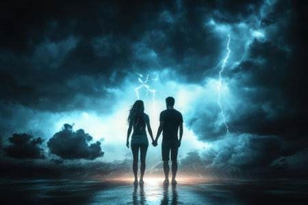 A couple holds hands on a dark shoreline as lightning strikes the sky, creating a dramatic atmosphere.の写真素材