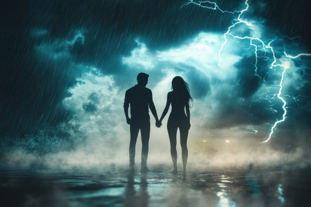 A couple holds hands under a dark sky filled with storm clouds and flashes of lightning in the distance.の写真素材