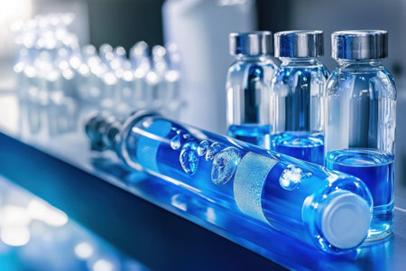 Various blue vials are lined up on a counter in a laboratory, showing distinct shapes and sizes.の写真素材