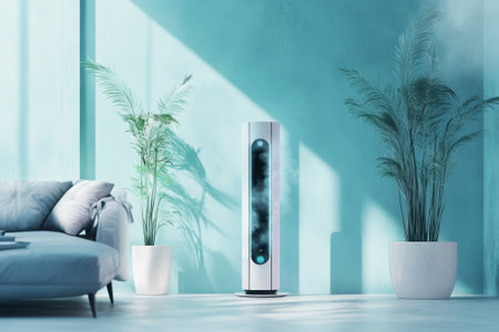 A sleek air purifier stands in a spacious living room, surrounded by green plants and natural light.の写真素材
