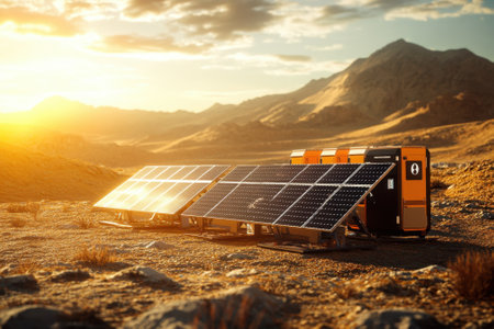 Solar panels efficiently harness renewable energy in a remote desert site as the sun sets over the mountains.の写真素材