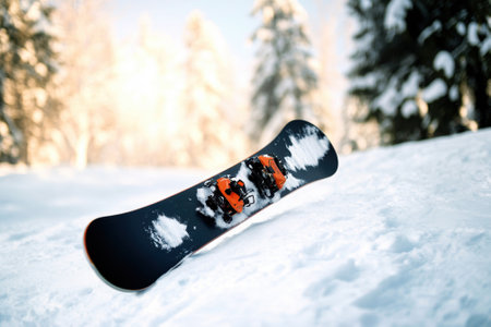 A snowboard is positioned on untouched snow amidst tall, snowy trees, reflecting a serene winter environment.の写真素材