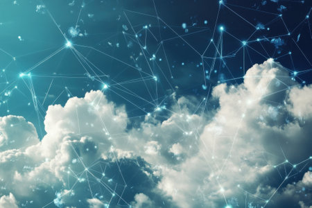 Beautiful clouds are illuminated against a blue sky, intertwined with glowing digital connections.の写真素材