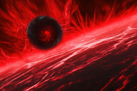 A dark sphere hovers amidst vibrant red plasma, suggesting energy and cosmic phenomena in deep space.の写真素材