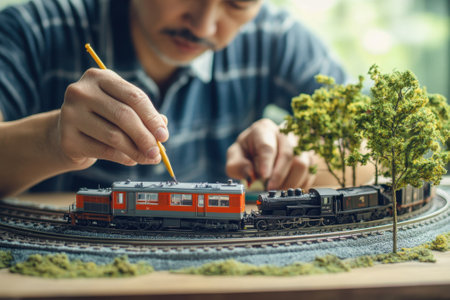 A man meticulously paints a small model train at a bright workspace, focusing on fine details and greenery.の写真素材