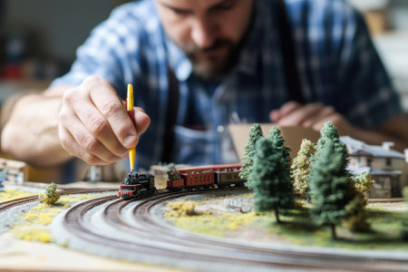 An adult male carefully adds paint to a small train while working on a detailed model railroad layout.の写真素材