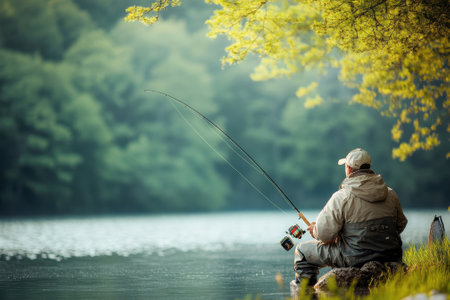 A man enjoys a peaceful fishing experience by the beautiful lake surrounded by nature.の写真素材