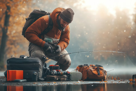 Fisherman organizes his equipment by the water, surrounded by autumn foliage and soft morning light.の写真素材