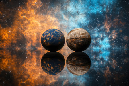 Two vibrant planets float in a cosmic setting filled with brilliant colors and stars.の写真素材