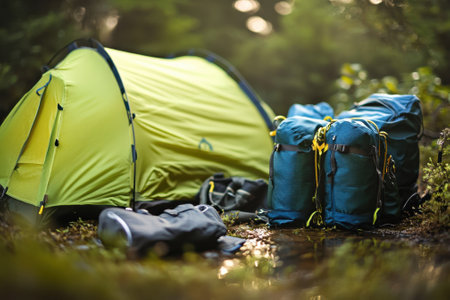 A bright green tent and several blue backpacks are arranged near a forest stream, surrounded by greenery.の写真素材