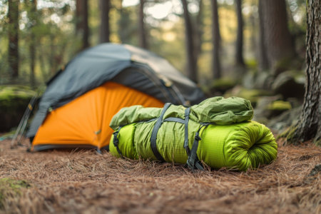 A camping site features an orange and black tent next to a rolled green sleeping bag in a forest setting.の写真素材