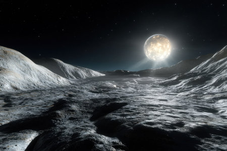 A barren lunar landscape illuminated by a distant glowing sun, showing rocky terrain and stars above.の写真素材
