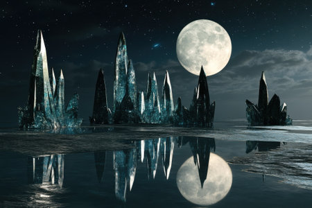 Tall crystal structures rise from a serene water surface, illuminated by a bright full moon above.の写真素材