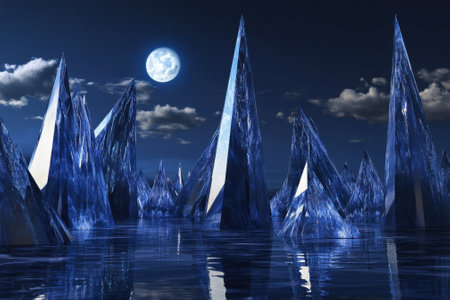 Sharp, towering ice formations rise from a calm body of water under a bright full moon and scattered clouds.の写真素材
