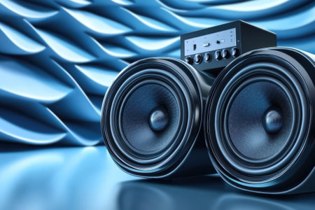 Large audio speakers positioned on a sleek surface, featuring a modern control panel against a blue backdrop.の写真素材