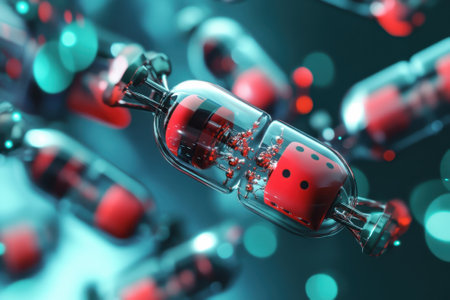 Capsules with red and black designs float in a dazzling digital environment filled with colors and light.の写真素材