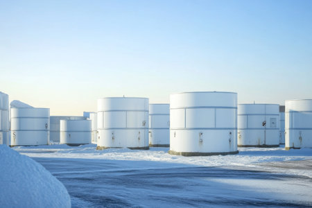 Row of white storage tanks sits in a snowy landscape under a clear blue sky during morning hours.の写真素材