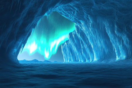 A breathtaking ice cave featuring vibrant northern lights reflecting on surrounding ice and water.の写真素材