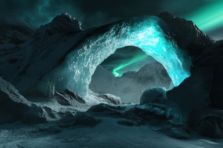An ethereal ice cave glows under the vibrant northern lights, set in a serene arctic landscape at night.の写真素材