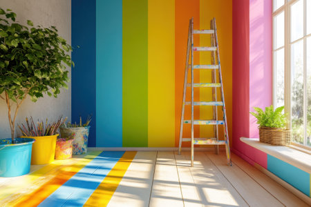 A vibrant workspace features a ladder next to colorful walls, plants, and various painting supplies arranged neatly.の写真素材