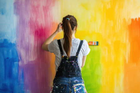 A young woman adds bright colors to a wall, creating a cheerful rainbow mural in her creative studio.の写真素材
