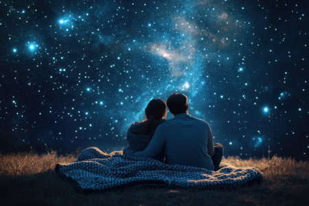 Two people sit together on a blanket, admiring the beautiful star-filled night sky in a serene landscape.の写真素材