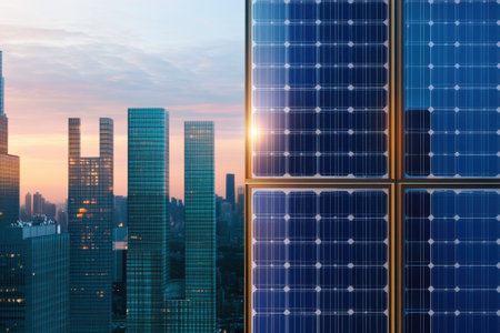 Solar panels shine under the warm glow of sunset, highlighting a vibrant urban skyline filled with modern architecture.の写真素材