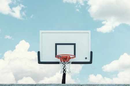 A basketball hoop is set against a bright blue sky with fluffy clouds, showcasing an outdoor sports environment.の写真素材