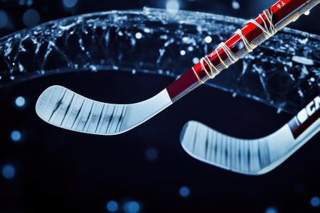 Two hockey sticks make contact with a puck, creating an exciting moment during a night game on the ice.の写真素材